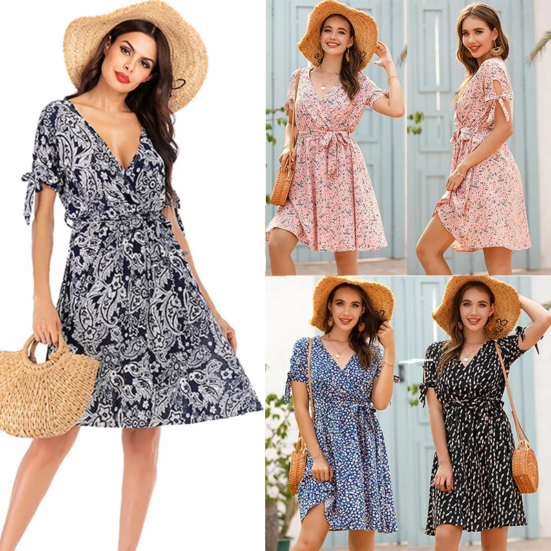 

Chiffon floral low-bust bow-tie short-sleeved large dress European and American summer new style