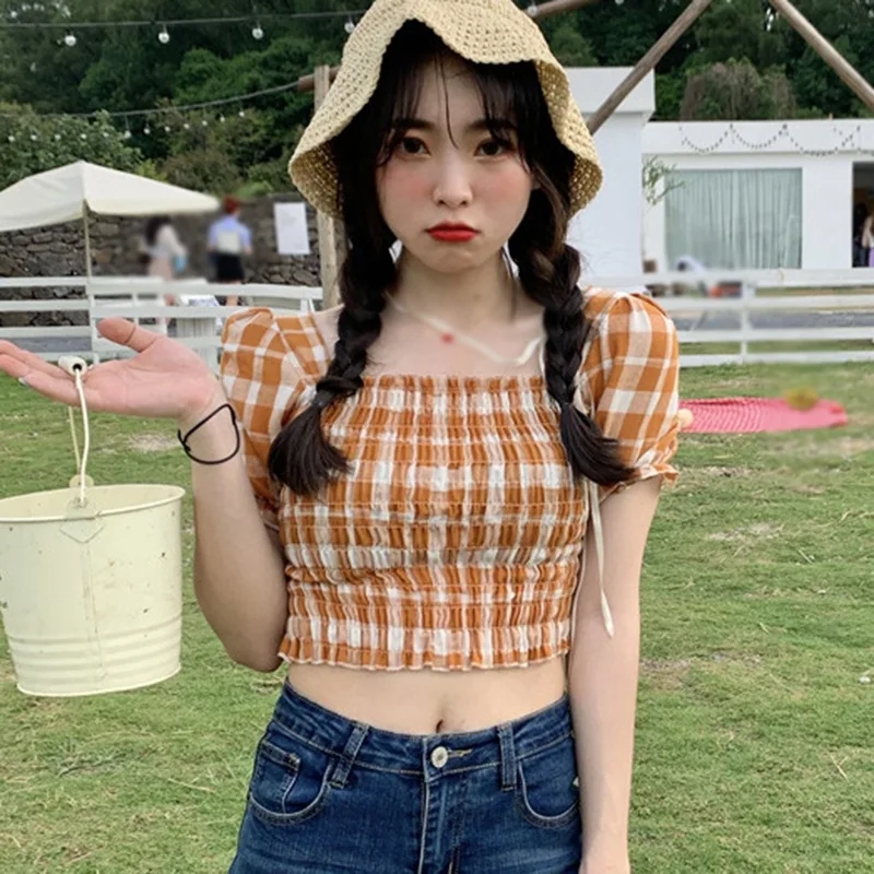 

Женские плиссированные блузки с квадратным воротником, повседневные топы, клетчатые блузки с оборками