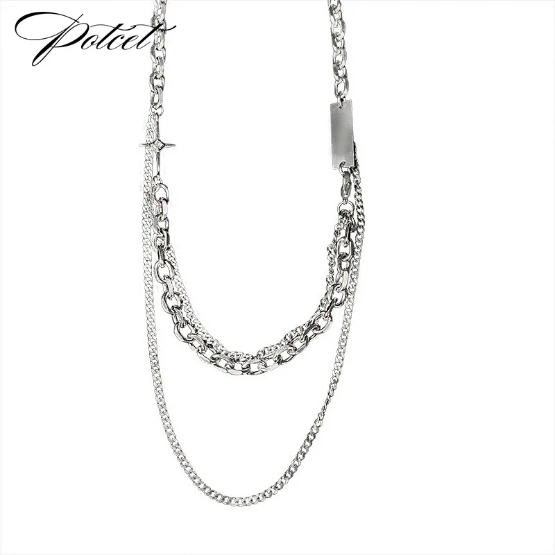 

POTCET Unisex Stainless Steel Cross Titanium Steel Necklace Pendant Double Layer Sweater Chain Fashion Hip Hop Party Jewelry
