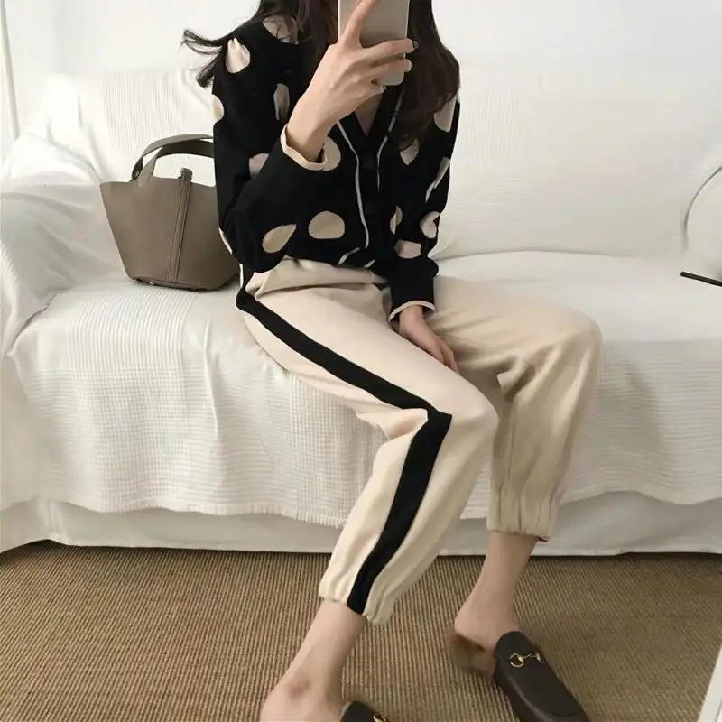 

Women 2021 Autumn New Suits Female V-neck Knit Cardigan Jacket+loose Casual Straight Pants Ladies Fashion 2 Piece Sets Y514