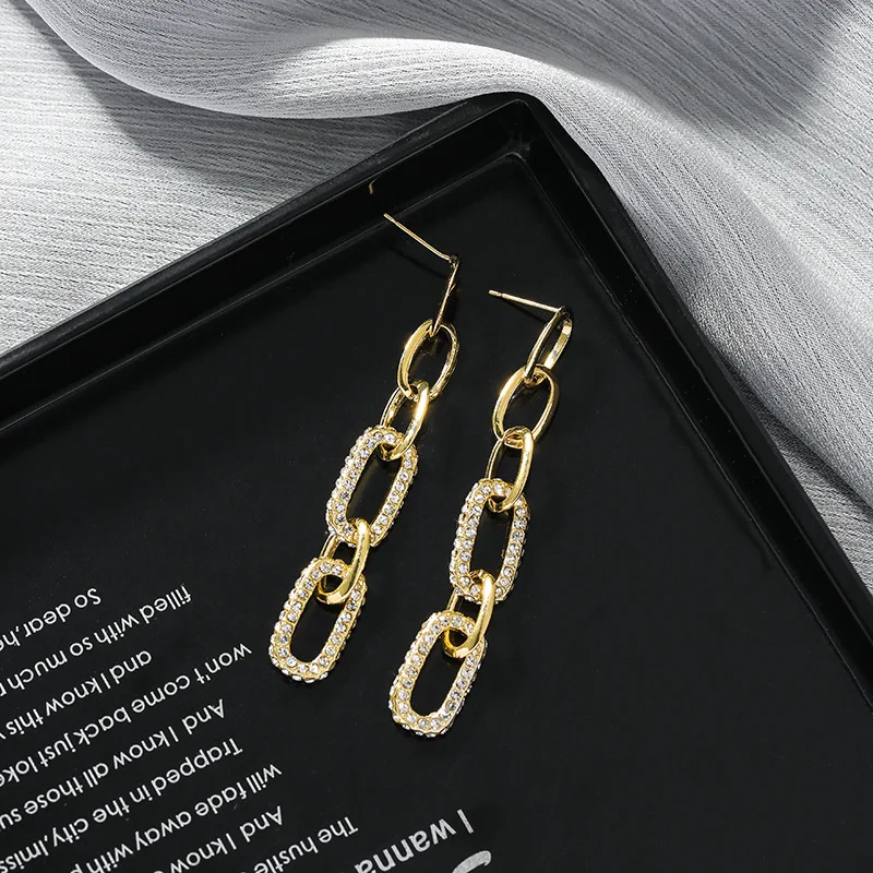 

GU-103 Fashion metal chain earrings long wild rhinestone earrings female S925 silver needle stud earrings