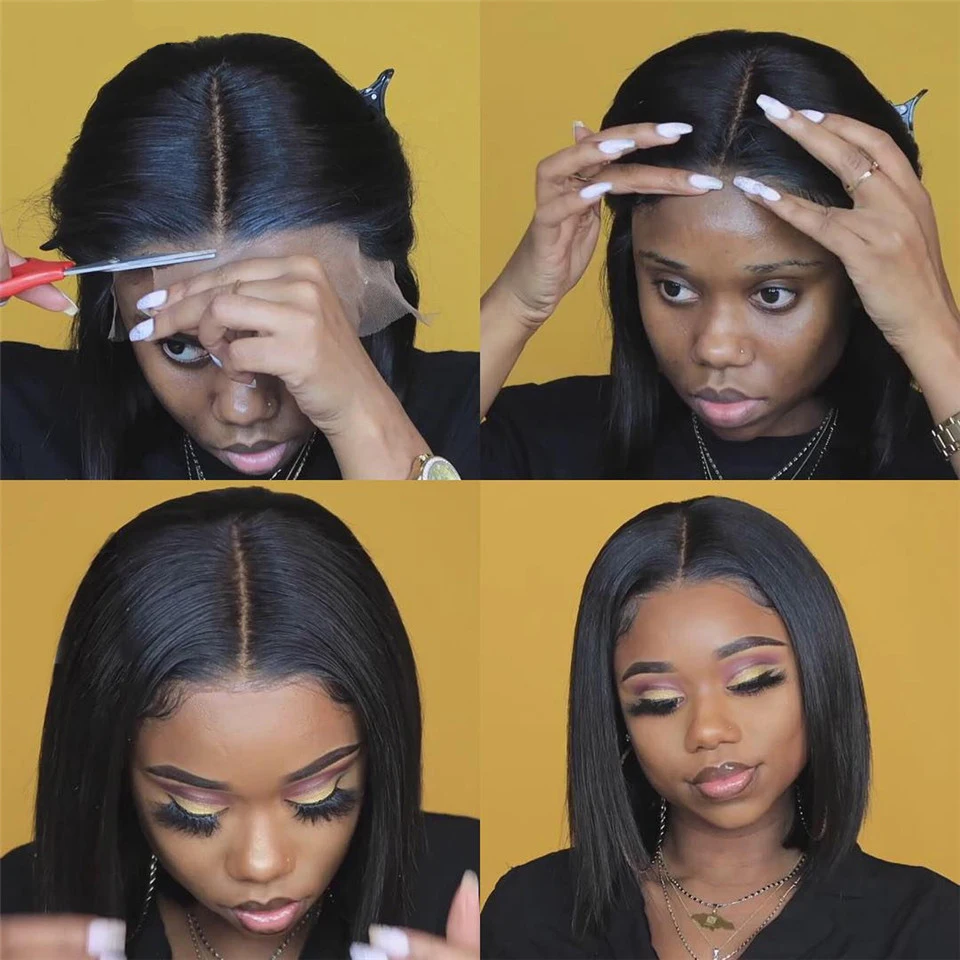 Short Bob Lace Front Human Hair Wigs Brazilian Straight Remy 5x5 Closure Wig 150% Pre Plucked Transparent | Шиньоны и парики