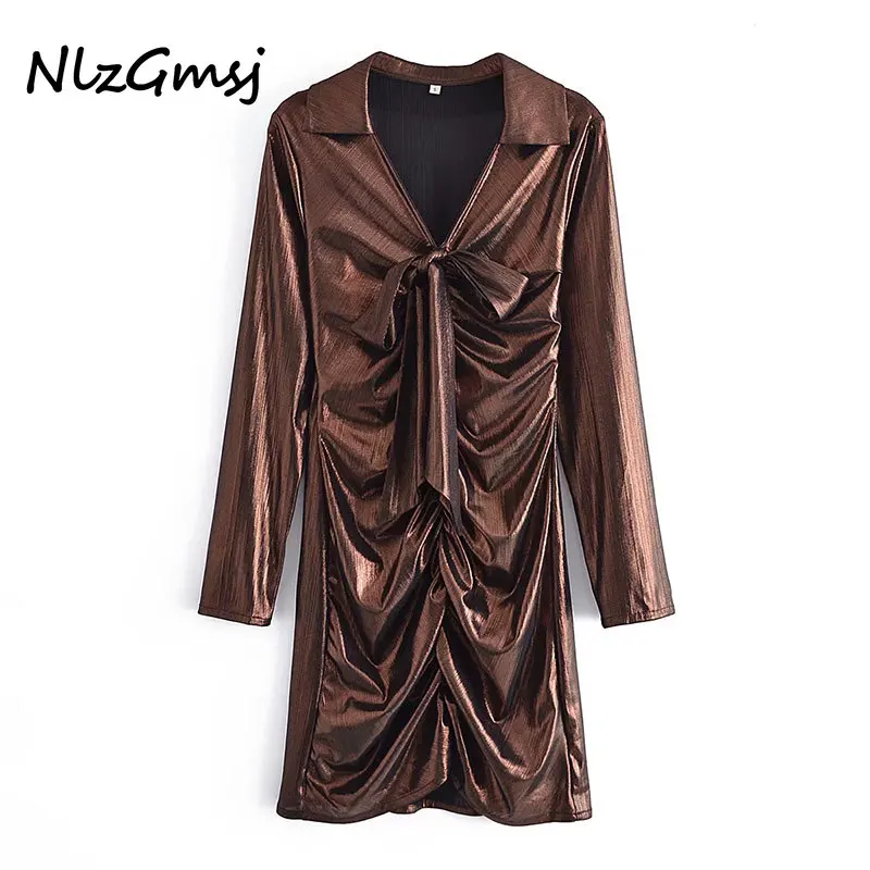 

Nlzgmsj Za Women 2021 Chic Fashion Pleated Velvet Mini Dress Vintage Long Sleeve Button-up Female Dresses Vestidos Mujer 202110