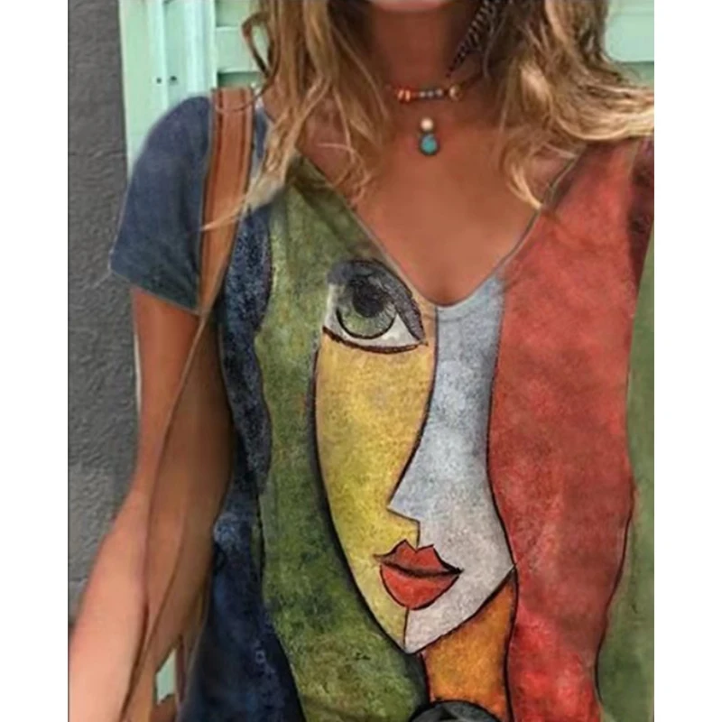 

V Neck Tshirt Women's Summer Casual Oversize Print Shirt Tops Loose Vintage Female Tee Streetwear Y2K Short Sleeve Clothes S-5XL