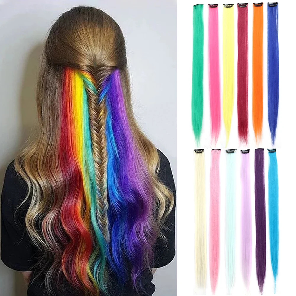 24 Pcs 22 Inch Long Straight Colorful Rainbow Hair Extensions Clip In  Synthetic Color Hair Party Highlights For Women Kids Girls|Synthetic  Clip-in One Piece| - AliExpress