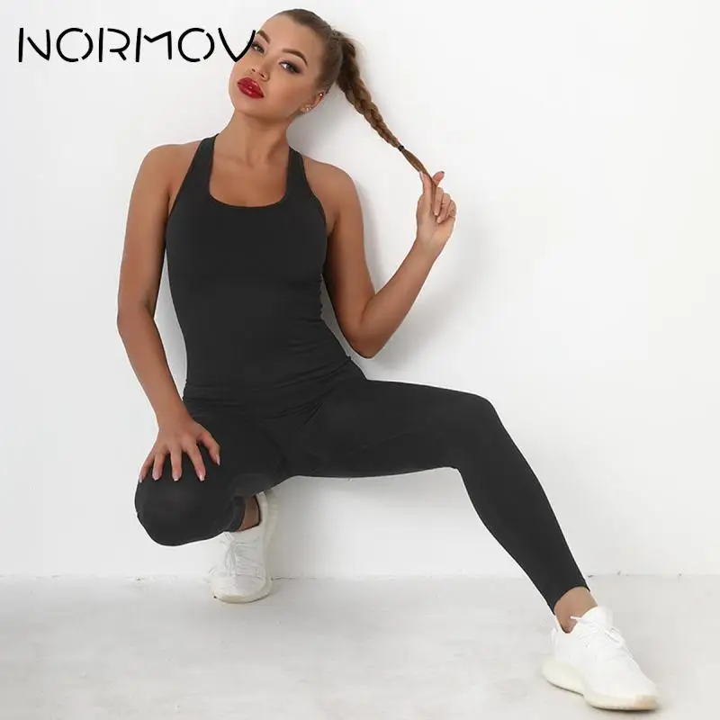 

NORMOV Seamless Yoga Sets Women Workout Sportswear Gym Suits Wear Fitness Sleeveless Bodysuit Clothing Sports Suits with Pocket
