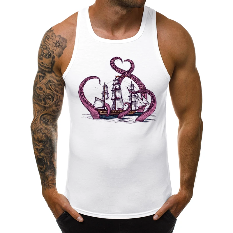 

Hipster Retro Octopus Kraken Men Tank Tops Fashion Warrior Jellyfish Printed Sleeveless Tee Casual Singlet Cool Vest