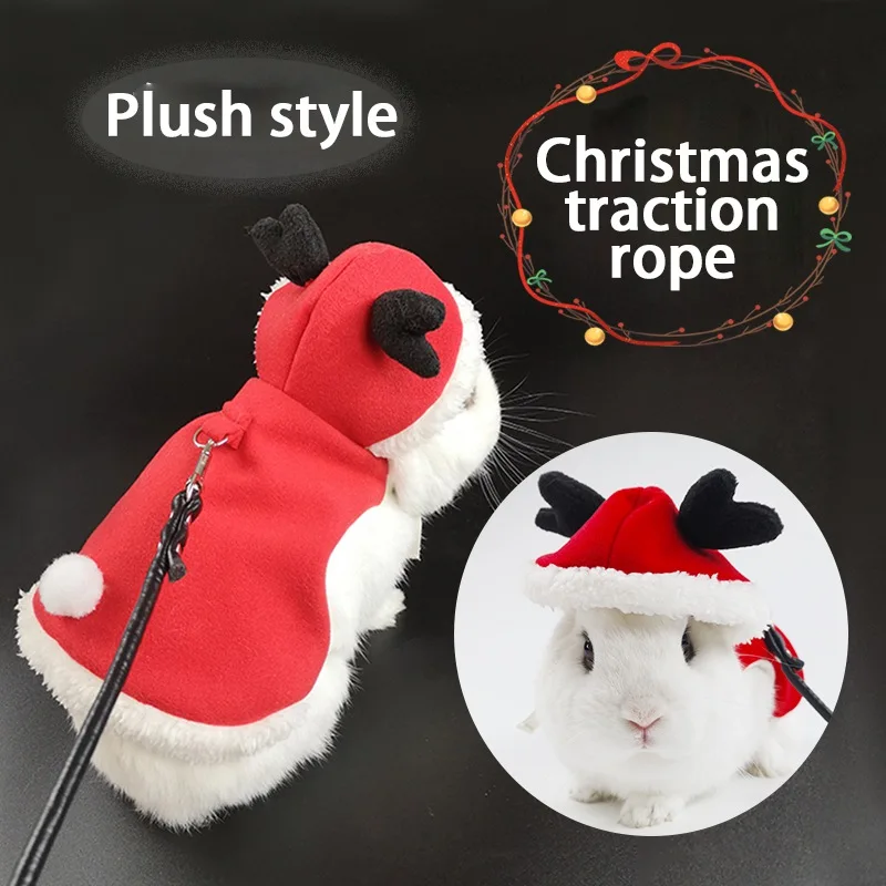 

Rabbit Clothes Traction Rope Christmas and New Year Clothes for Small Pets Thickened Plus Velvet Clothing Christmas Cloak