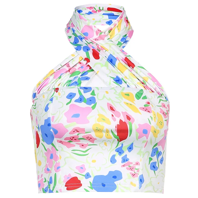 

Summer Crop Tops Women Floral Print Halter Neck Top Ladies Casual Off Shoulder Backless Mesh Y2K Sleeveless Sexy Tank Tops