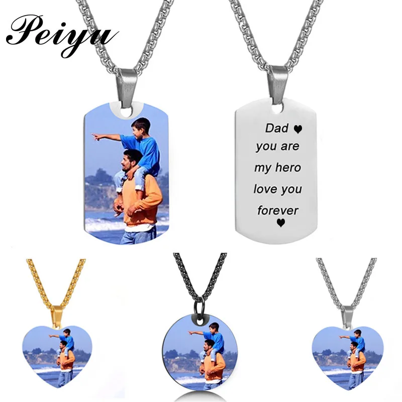 Fathers Day Custom Photo Text Necklace Personalized Nameplate Necklace Stainless Steel 3mm Thick Chain Men Customized Jewelry