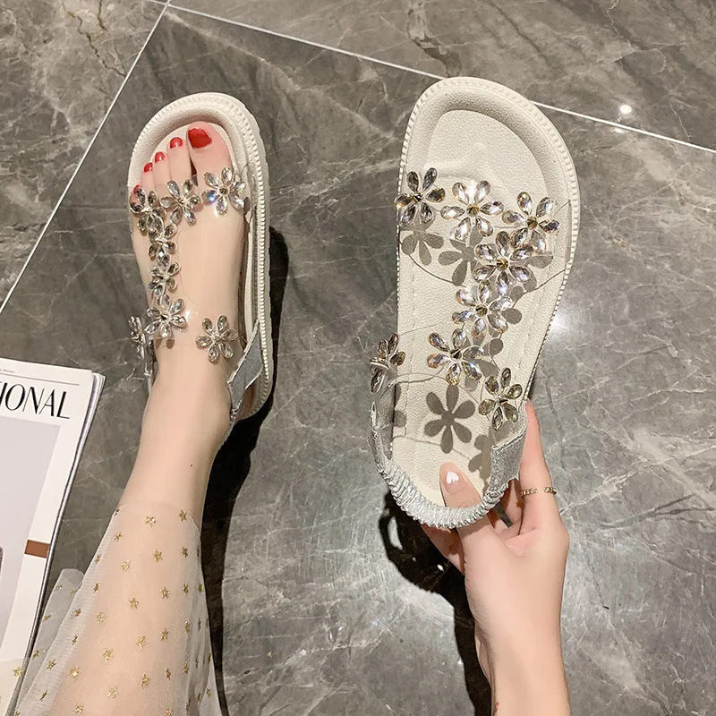 

Open Toe 2021 Sandals Slip-on Loafers Summer Women's Female Shoe Clogs Wedge Clear Heels Med Peep New Rhinestone Elastic Band R