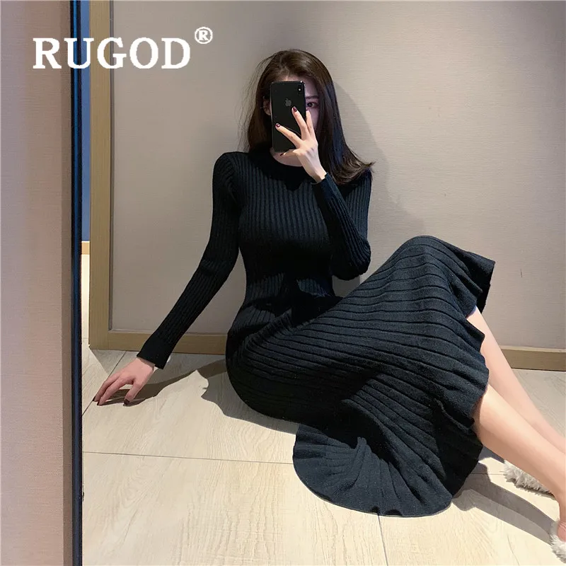 RUGOD 2019 Новое Осеннее однотонное теплое вязаное платье с круглым вырезом