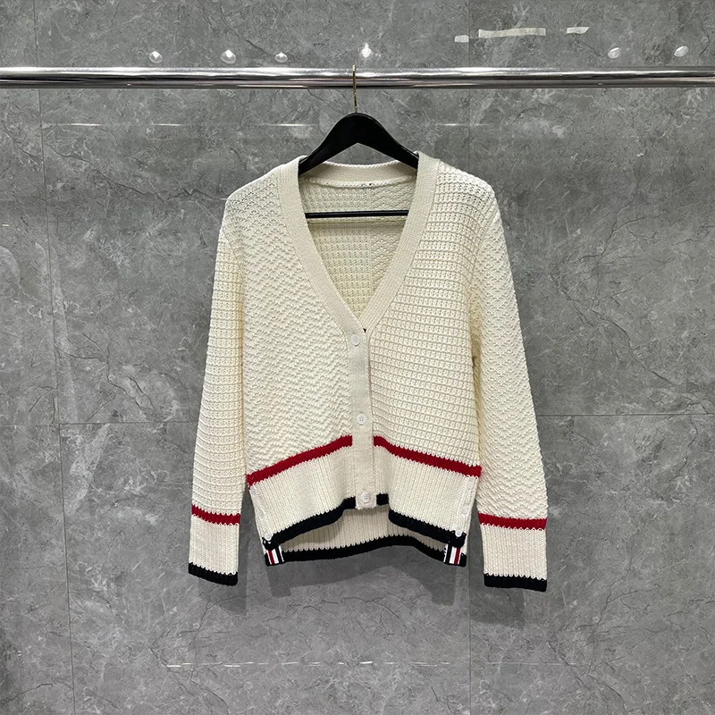 TB THOM Men's Sweater Harajuku Knit Cardigan Korean Version Of V-neck Hem Striped Top Luxury Brand Slim Fit Women's TB Sweater