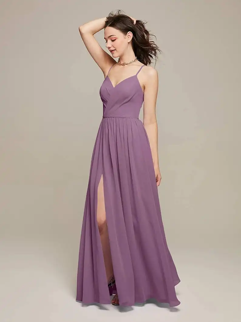 

Women Spaghetti Strap Bridesmaid Dresses 2021 Party Wedding Chiffon V Neck High Split Backless Long Sleeveless Prom Maxi Dresses