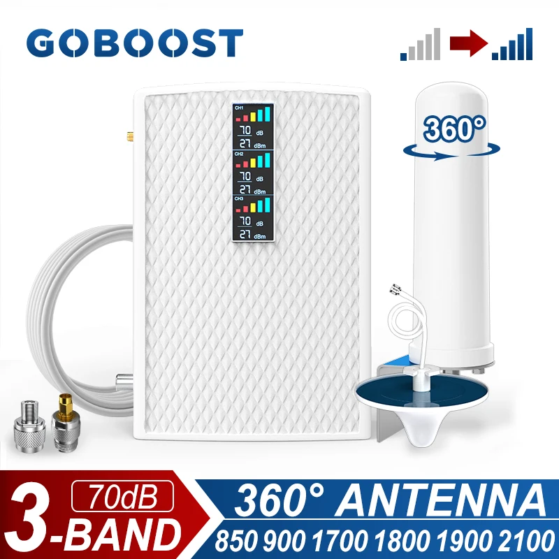 

GOBOOST Signal Booster 3-Band 70dB Cellular Amplifier 2G 3G 4G Network 850 900 1700 1800 1900 2100 MHz Repeater 360° Antenna Kit