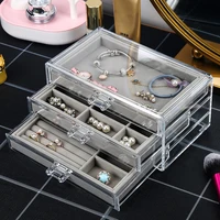 clear acrylic jewelry box with 3 drawers velvet jewellery organizer for women earring holder rings case necklaces bracelets