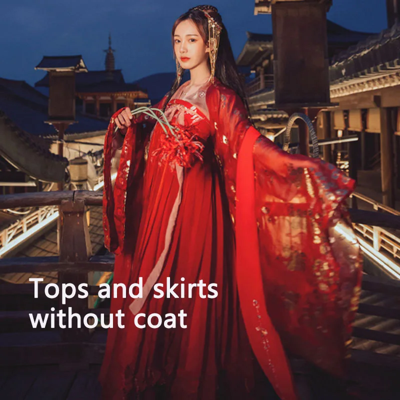Tops and skirt Ханьфу китайское платье Стильное женское/женское Красное элегантное Hanfu Китайская древняя и традиционная одежда народные танцевальные костюмы DQL350 - Цвет: Tops and skirt