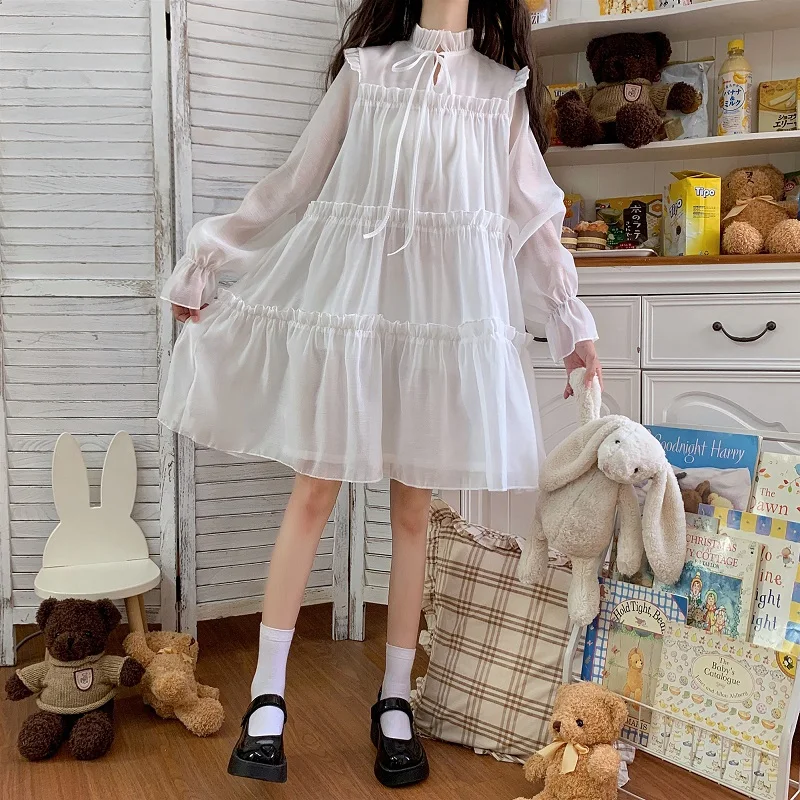 

New Spring Japanese Sweet Lolita Dress Women Ruffles White Black Fairy Party Dress Gothic Flare Sleeve Princess Tiered Dresses