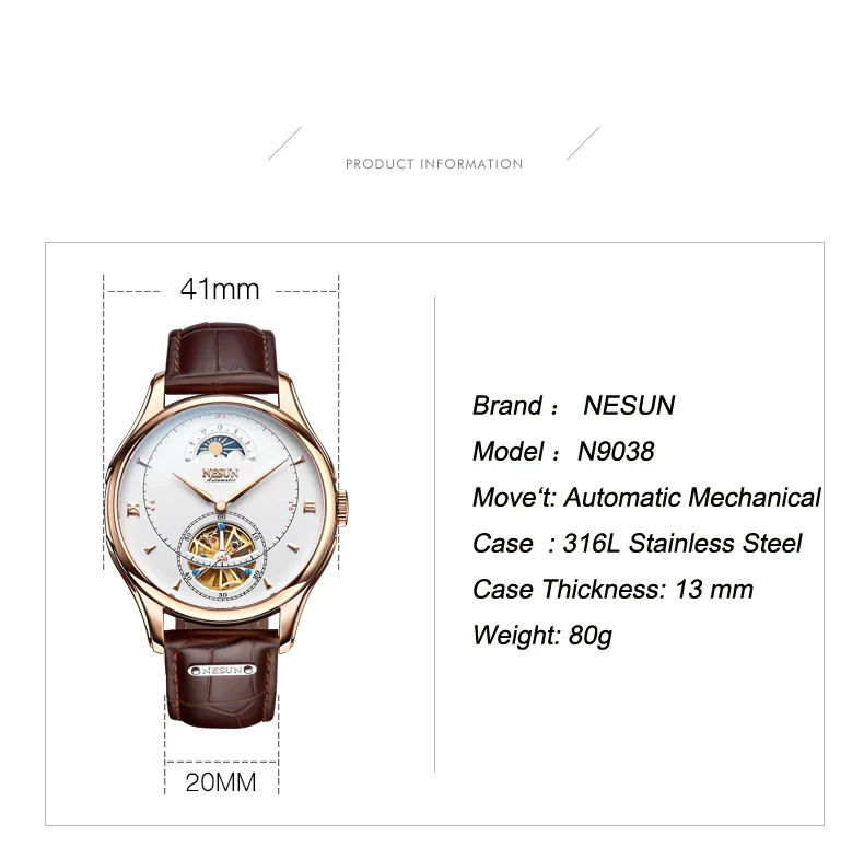 Автоматические механические часы, швейцарские NESUN Tourbillon, мужские часы, люксовый бренд, часы со скелетом, сапфир, Montre Homme N9038