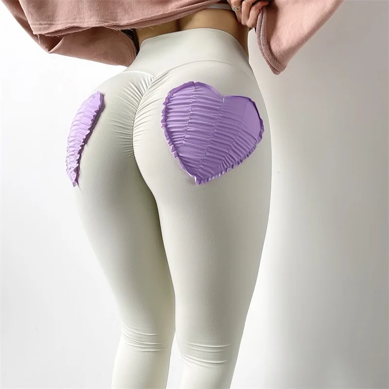 

Love heart patchwork push up sports leggings Women fitness activewear white gym yoga pants Pocket high waist workout leggings