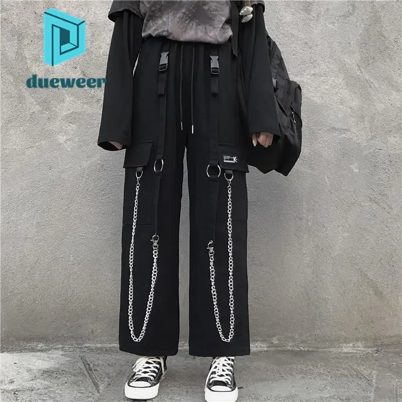 

DUEWEER Men Women Chain Cargo Pants Autumn Winter Baggy Straight Wide Leg Casual Pants Harajuku Hip Hop Gothic Punk Streetwear