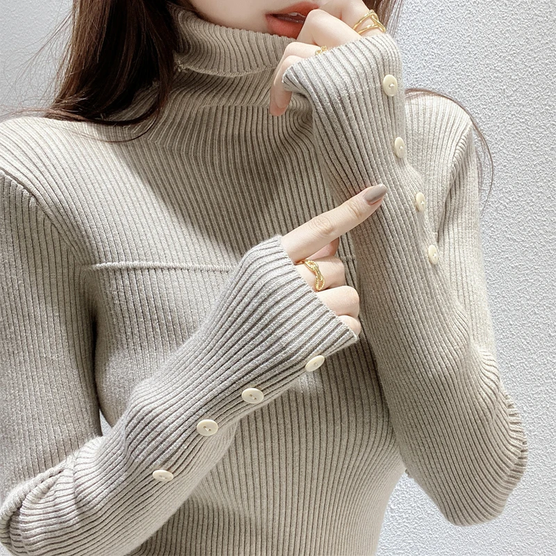 

2021 Button Basic Turtleneck Women Sweaters Autumn Winter Tops Slim Women Pullover Knitted Sweater Jumper Soft Warm Pull