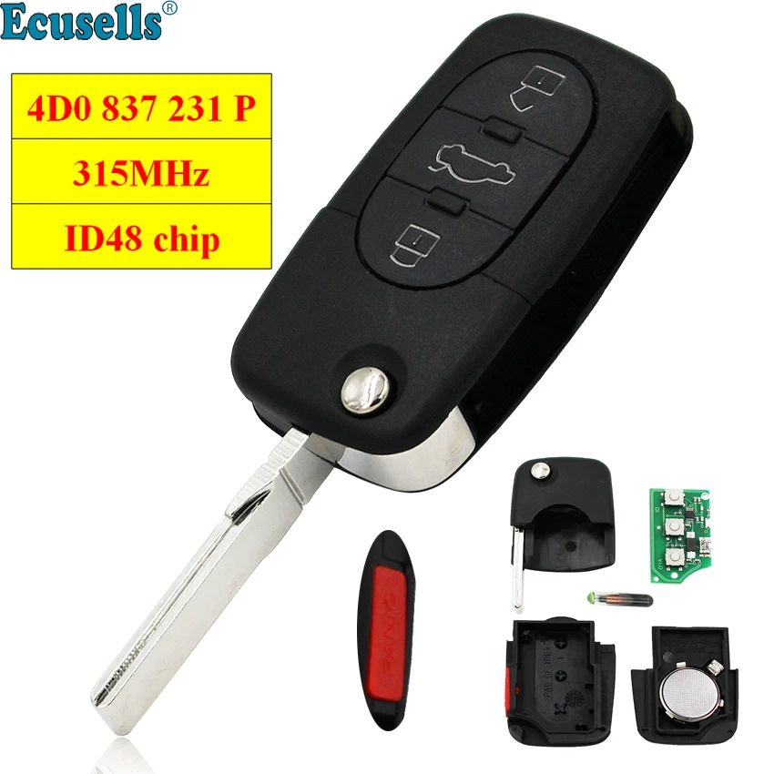 3 + 1 кнопки 315 МГц с чипом ID48 дистанционный ключ 4D0 837 231 P для Audi A4 A6 A8 S4 S6 S8 4 4D0837231P uncut