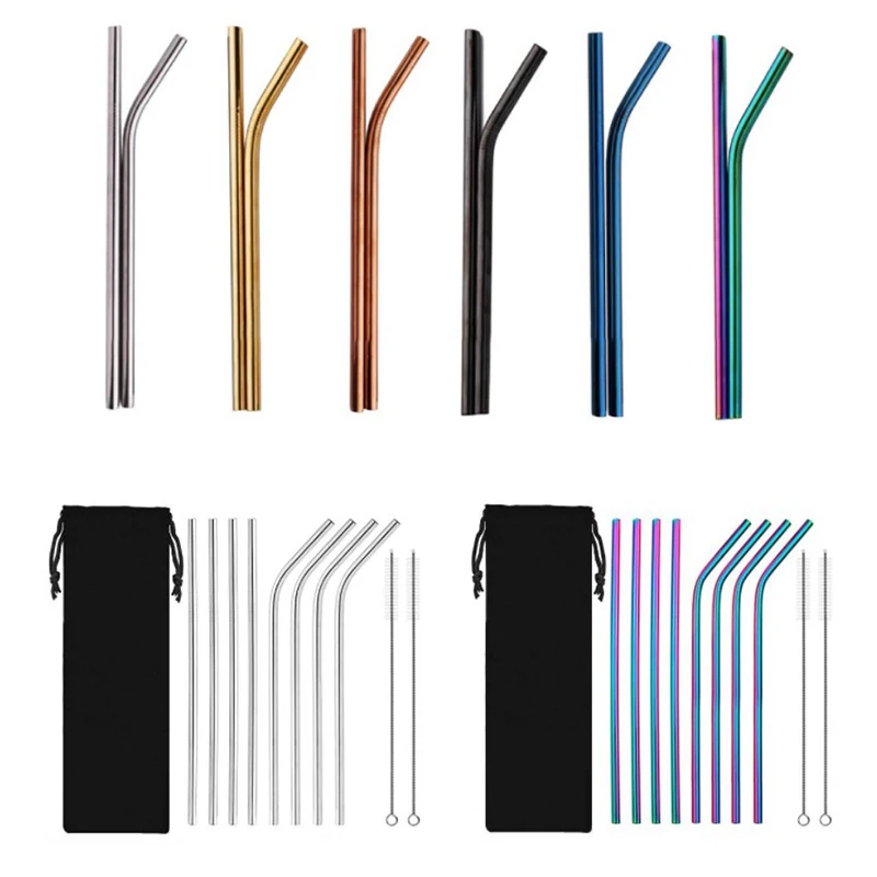 

10 pcs Colorful 304 Stainless Steel Straws Reusable Straight Bent Metal Drinking Milk Straw With Cleaner Brush Set Family Pack