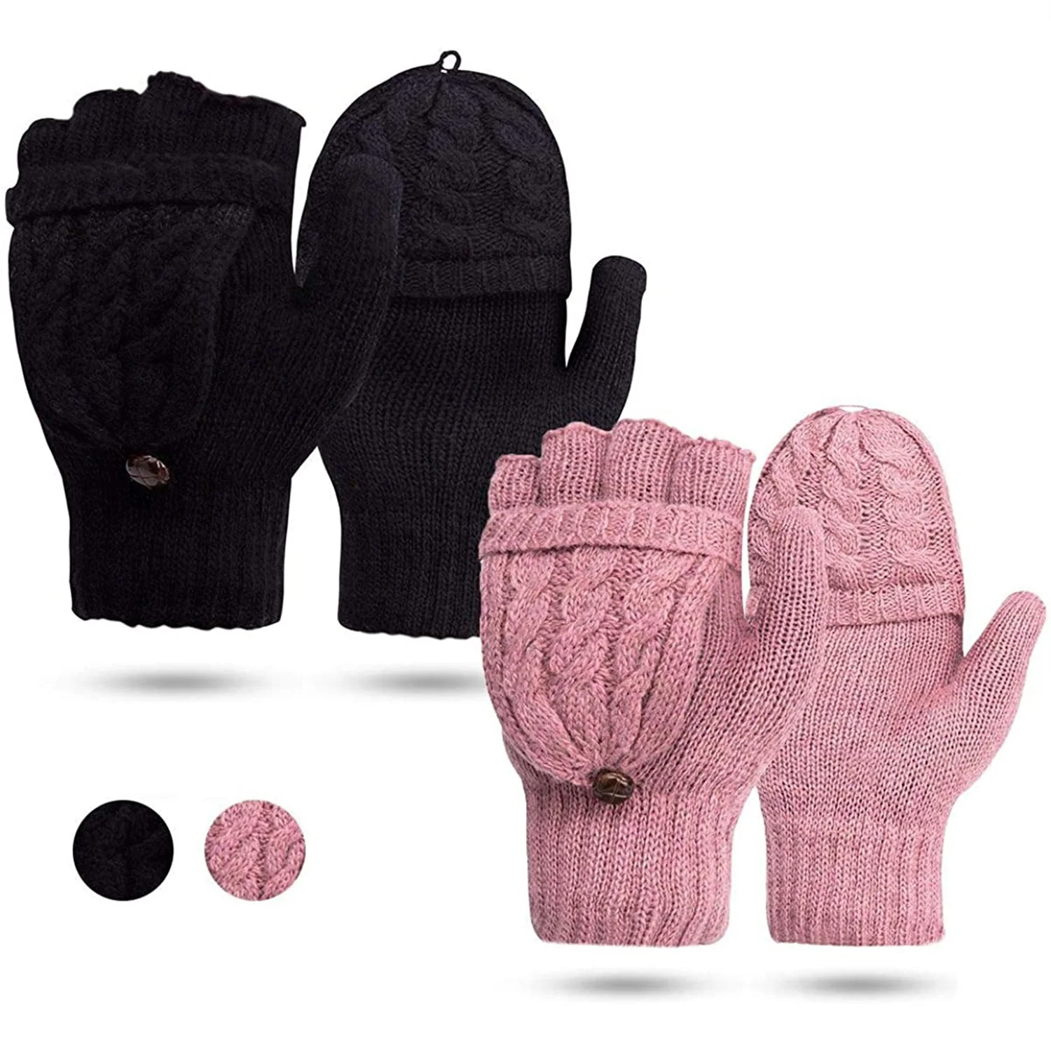 

Женские зимние вязаные теплые перчатки с открытыми пальцами, двойные теплые шерстяные вязаные плотные пушистые плюшевые варежки без пальц...