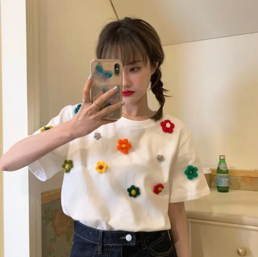 

New Summer Sweet Three-dimensional flower T Shirt Women O-Neck Short Sleeve Loose Tee Kawaii Girl Cute T Shirts Tops s758