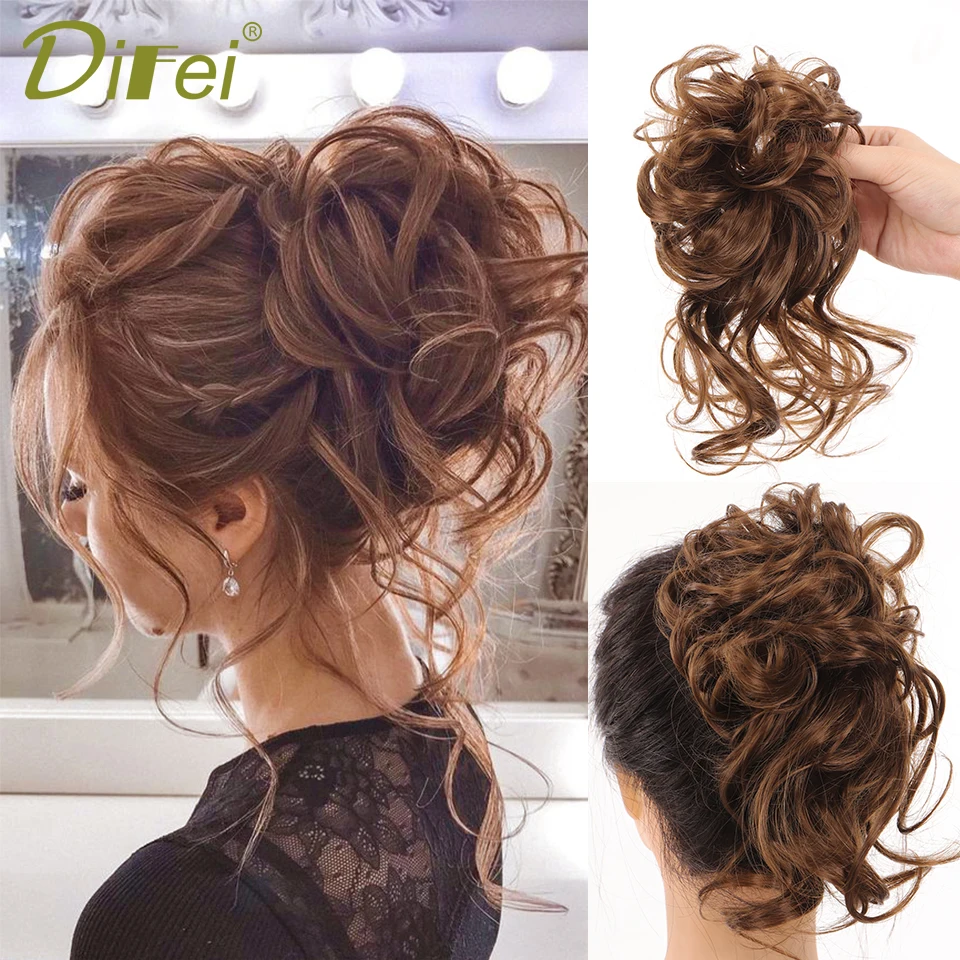 

DIFEI Synthetic Curly FakeHair Bun Brown Messy Chignons With Elastic Hair Rope Rubber Band Hairpiece Extensions for Women Black