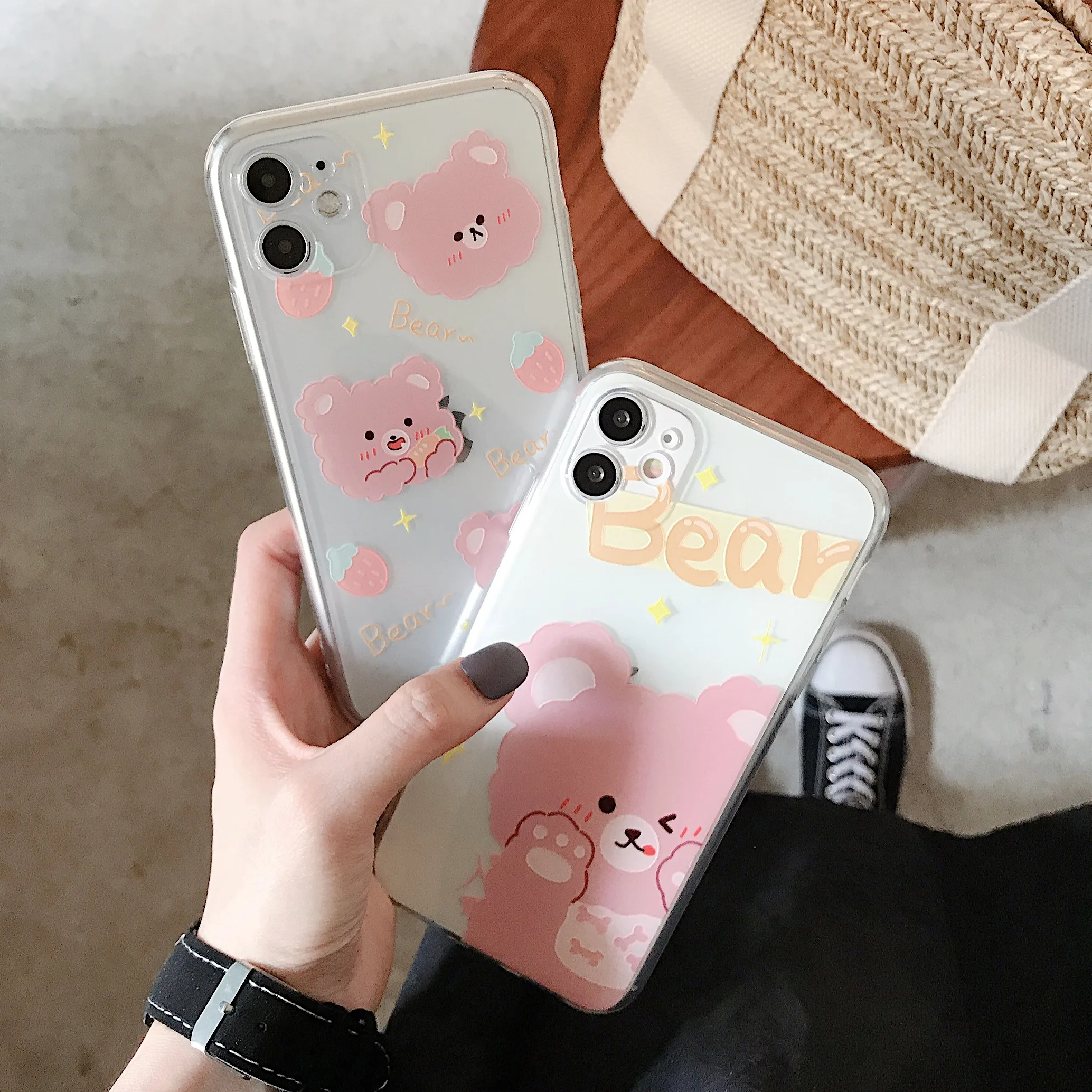 

Lovely Cartoon Pink Bear Case for iPhone 12Pro 11pro Max 11 XR 7 8 Plus X XS XR MAX Clear Laser Clear Lens Protect Cover SE 2020