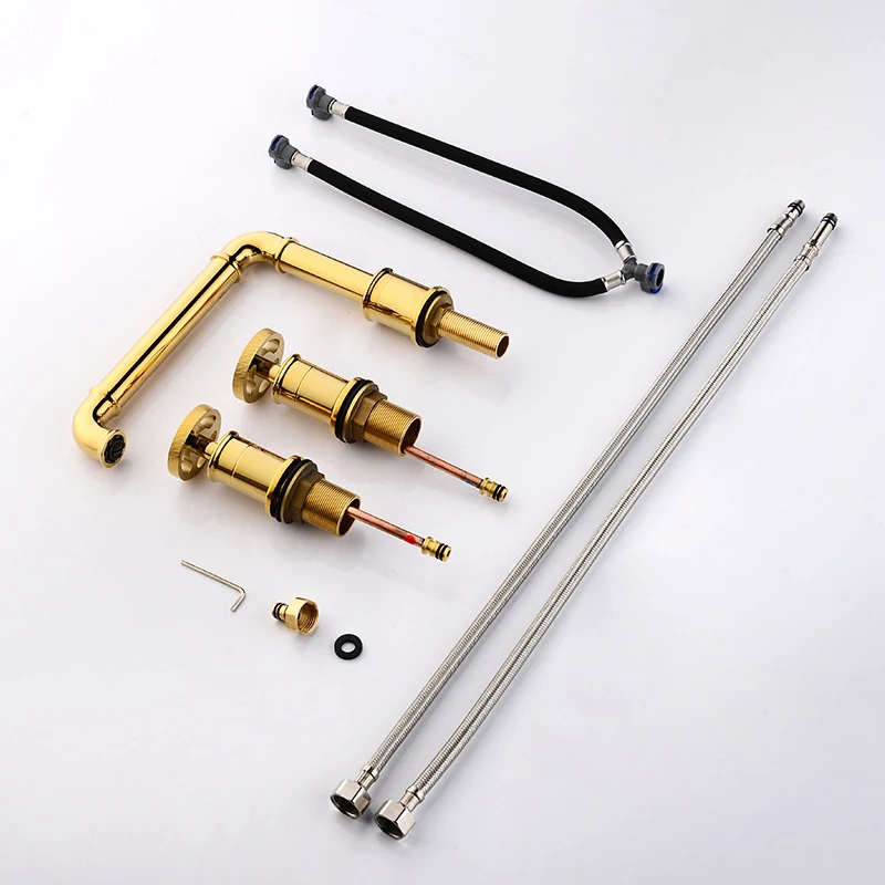 FLG Retro Style Basin Faucet Gold Plated 3 Hole Bathroom Sink Faucets Deck Mounted Cold Hot Water Mixer Tap 1156-55G | Обустройство