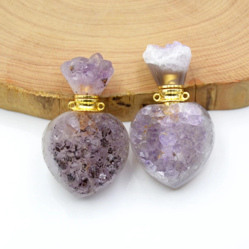 

natural Amethysts Druzy Gems stones Gold-plated vial LOVE Heart Perfume Bottle pendant diffuser Crystal Charms for Necklaces