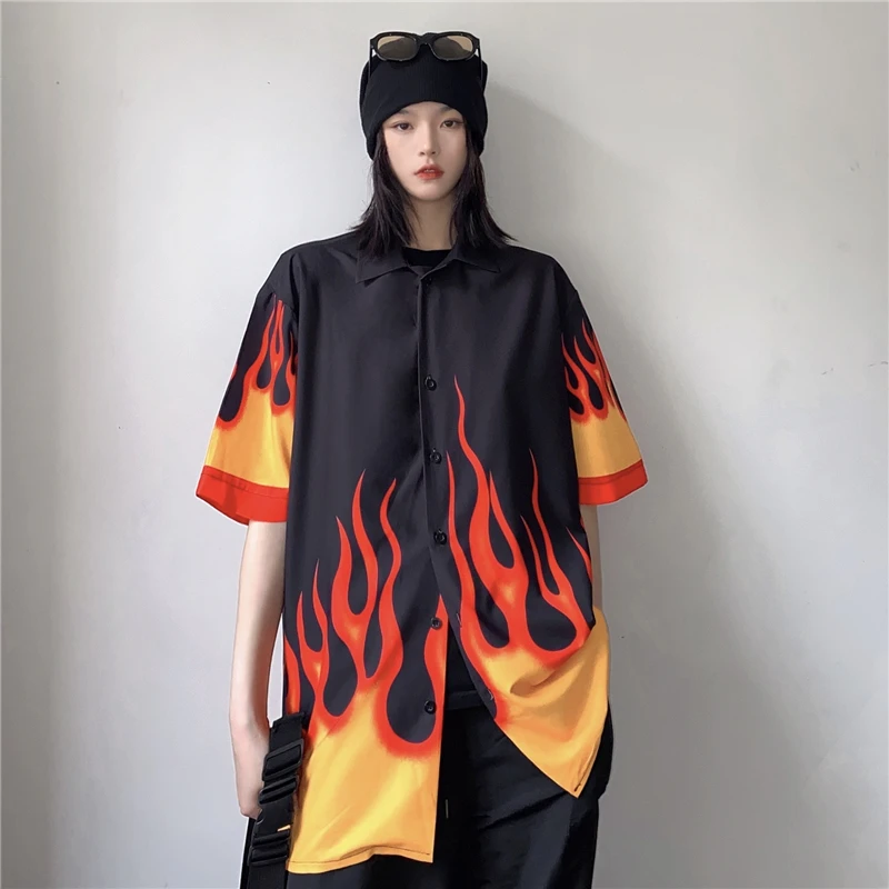 

Flame Print Women'S Shirts 2021 Summer Short Sleeves Oversized Shirts Hip Hop Streetwear Fashion Clothes For Girls Female Tops