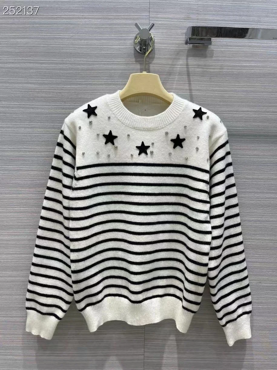 

Fyion Luxury Brand Sweaters Women 2021 New Long Sleeve Stripes Print Diamonds Pullovers Runway Design Sweaters