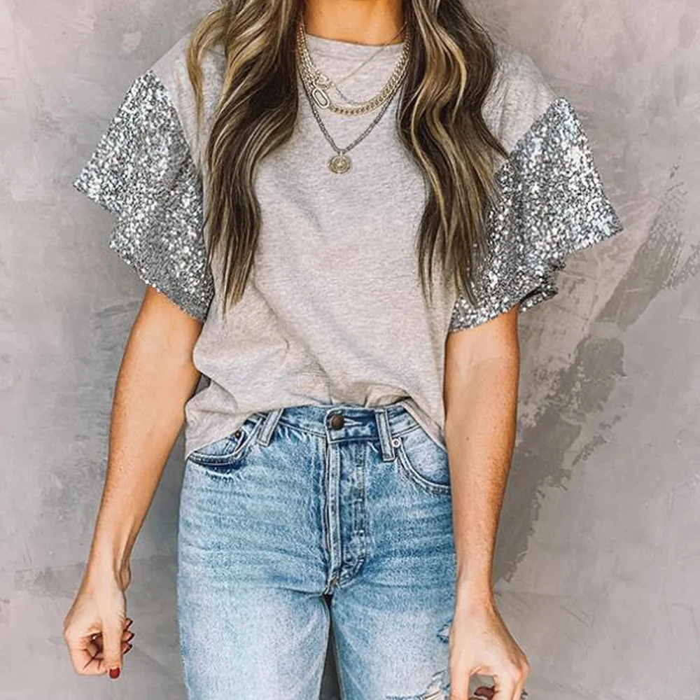 

Woman Tshirts Harajuku Sequined T Shirt Women 2021 Female O-neck Tshirt Loose Short Sleeve Tops Tee Shirt Femme