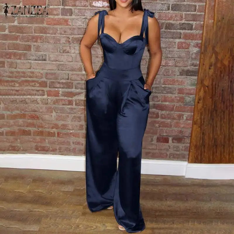 

Комбинезон ZANZEA женский атласный с широкими штанинами, повседневный однотонный Ромпер оверсайз без рукавов, на молнии сзади, лето 2021
