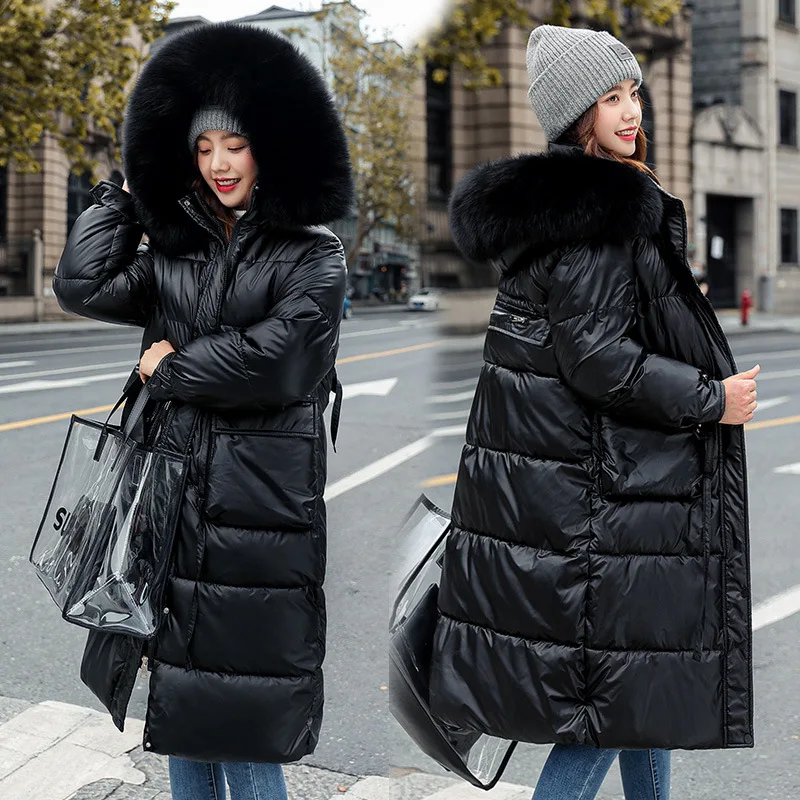 

Glossy Big Fur Collar Hooded Long Women Thick Warm Winter Jacket With Pockets Ladies Loose Down Cotton Padded Parka Outwear S189