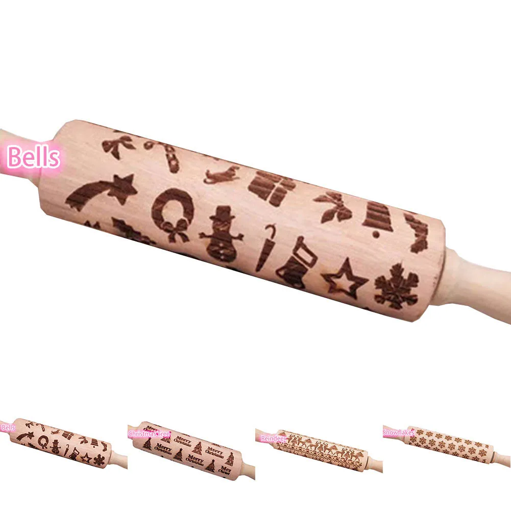 

1PC Embossed Christmas Rolling Pin Large Vintage Cookie Dough Engraved Wooden Roller For Kitchen Tool
