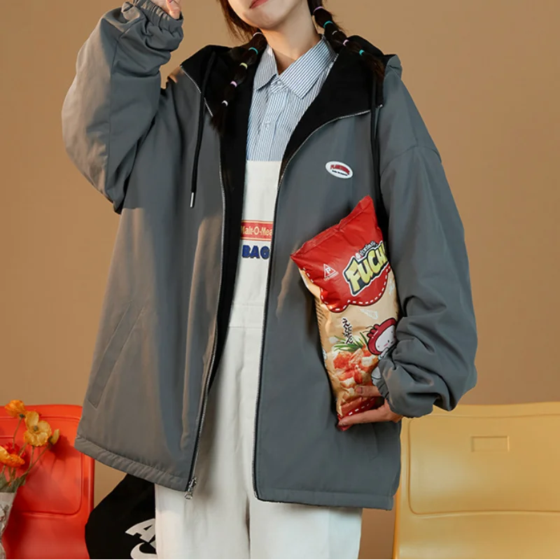 

Брендовые новые женские куртки 2021 осень зима флис оверсайз с капюшоном Двусторонняя одежда пальто свободная уличная верхняя одежда на молн...