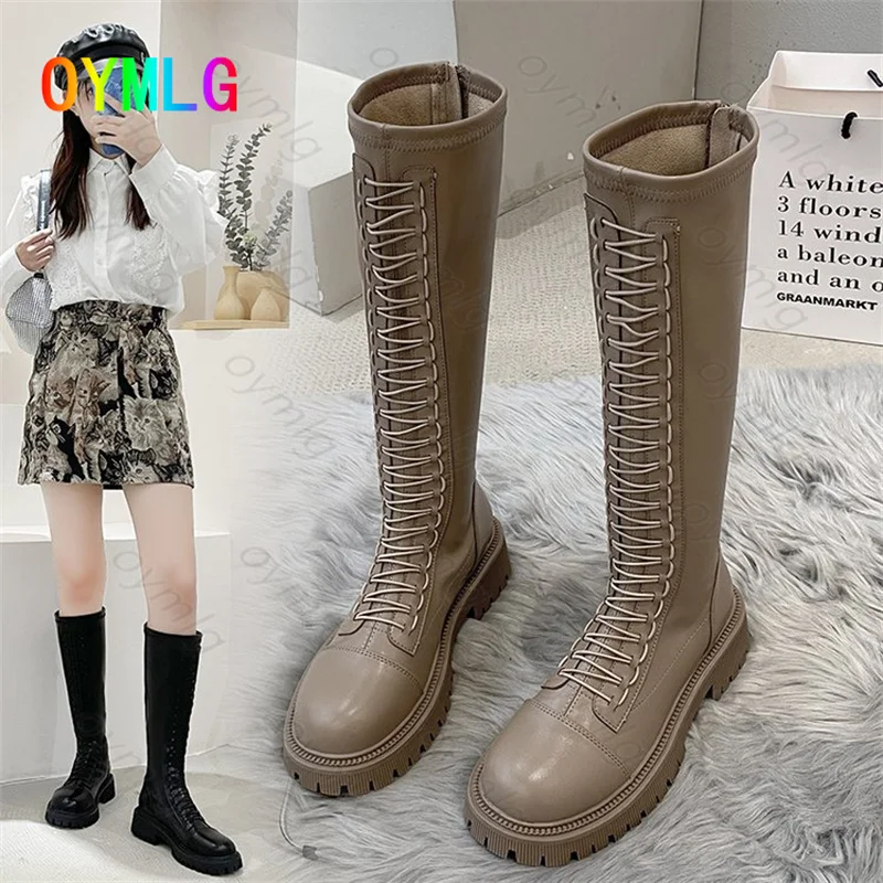 

Однако, Сапоги До Колена Для Женщин, новинка осень-зима 2021, на толстой подошве, со шнуровкой, высокие модные сапоги, британские БОТИНКИ-марти...