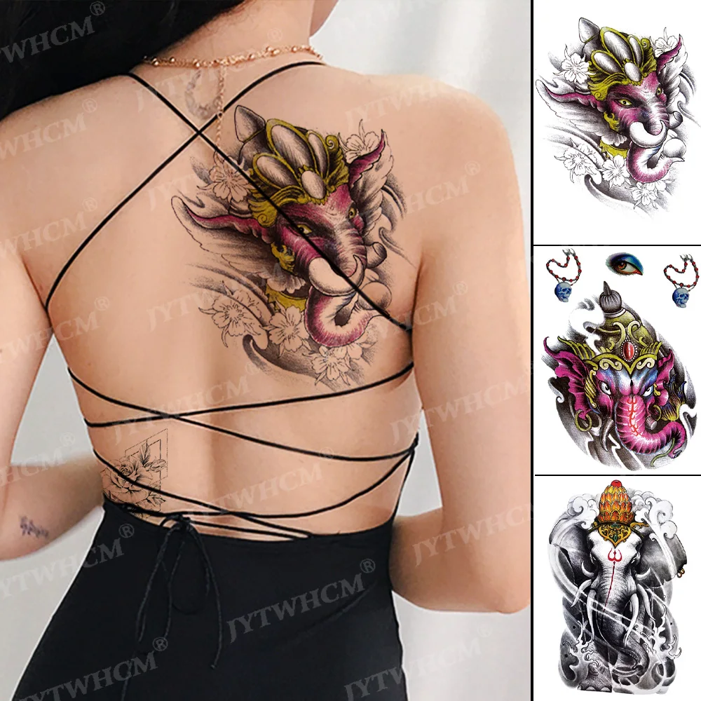 

Elephant Temporary Tattoo Fake Sleeve Tribal Waterproof Sticker Art Transfer Arm Back Crown Flash Domineering Tatoo Stickers Men