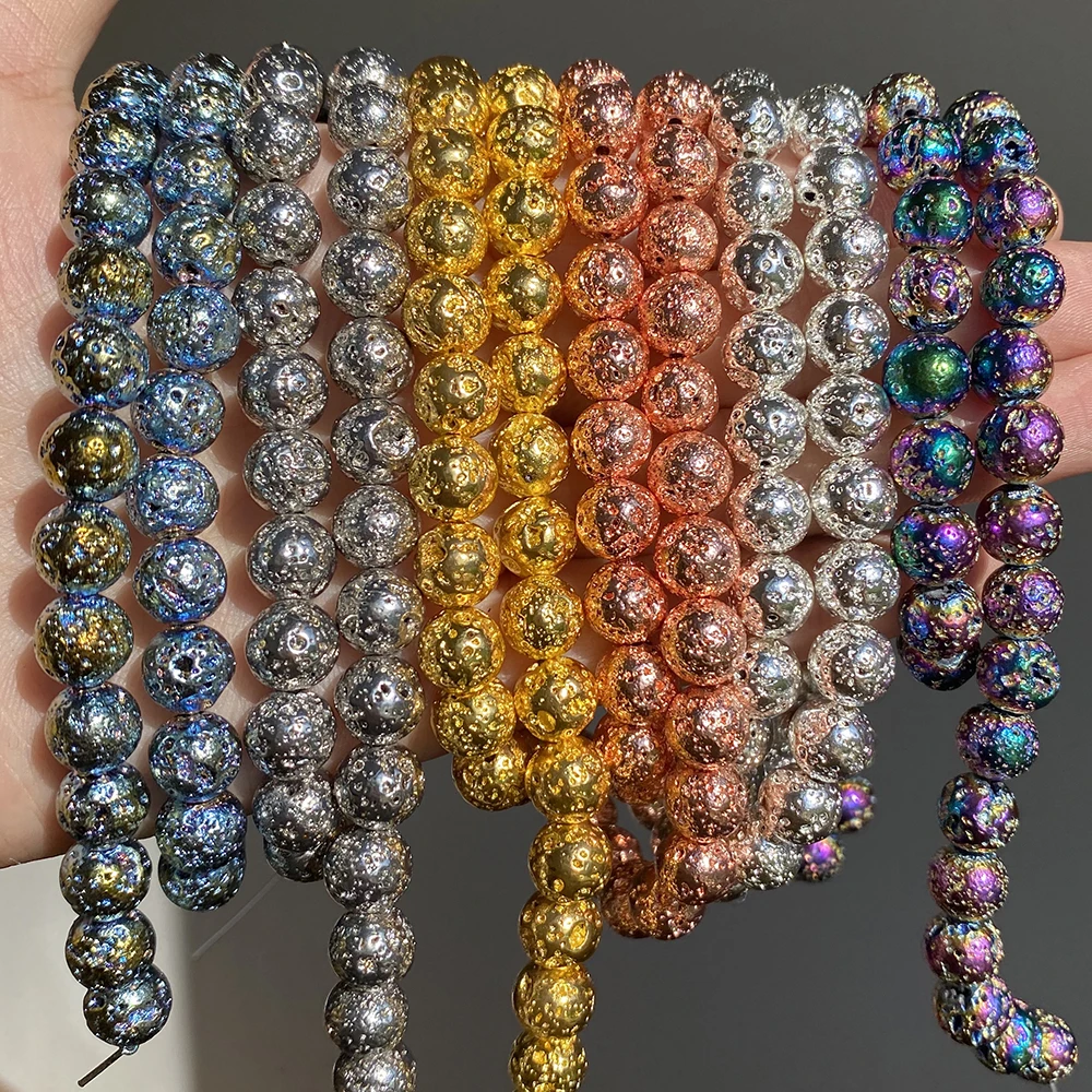 

Natural Stone Beads Rose Gold Black Multicolor Rock Volcanic Lava Round Beads For Jewelry Making DIY Bracelet Accessories 15''