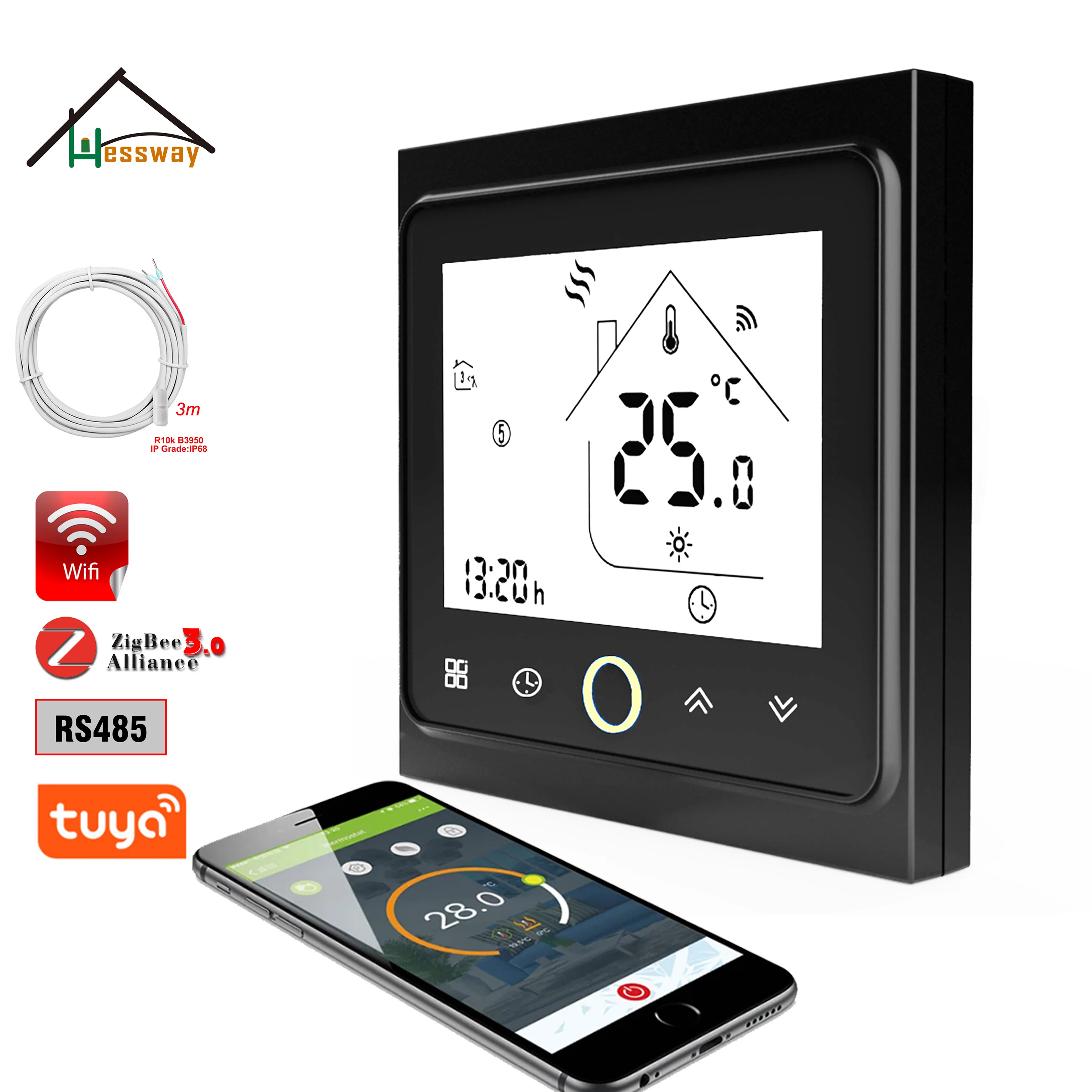 

HESSWAY Wi-Fi/ZIGBEE/RS485 светящийся напольный термостат переключатель для работы с Alexa Google Home NC/NO, сухой контакт 24 В/220 В