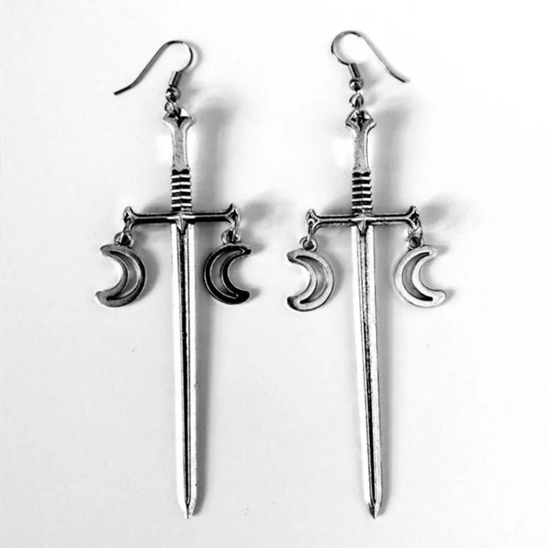

Moon- Sword -Earrings-Goth- Jewelry-Witchy Gothic-Tarot-Dagger-Jewelry-Alternative-Occult earrings,Crescent moon earrings