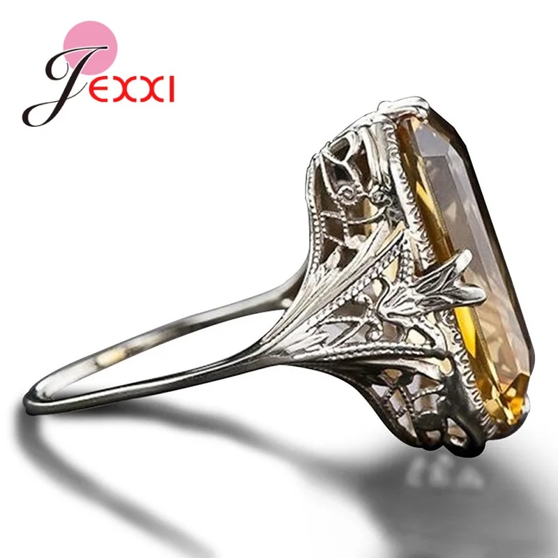 

100% Pure 925 Sterling Silver Yellow Stone Rectangle Big Rings For Women Men Vintage Zircon Charm Wedding Bands