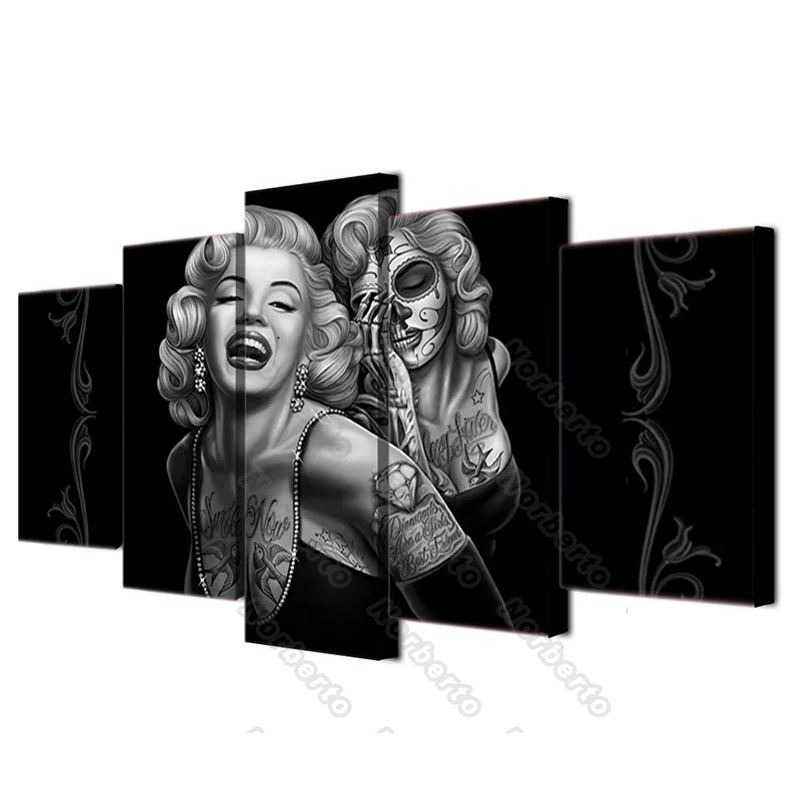 

5 Pieces Figure Canvas Painting Wall Poster Famous Movie Star Marilyn Monroe's Smile In Black Background for Home Rooms Decorati
