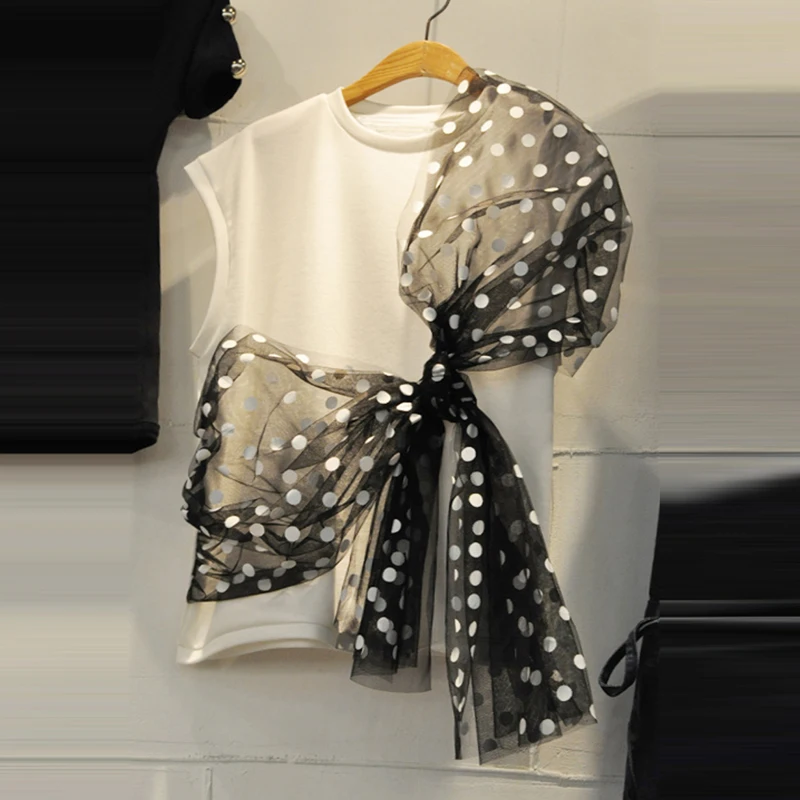 Женская футболка в Корейском стиле лето 2020 новая Сетчатая горошек с круглым