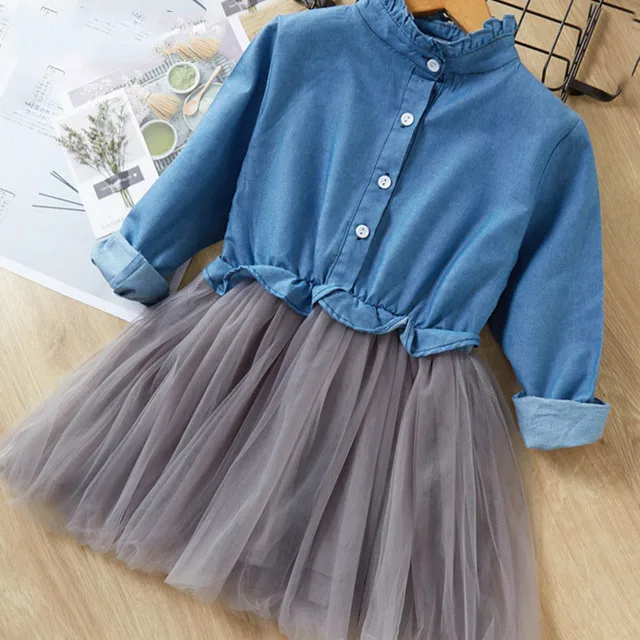 Light Blue -AZ1531 Bear leader/платья для девочек; новое платье принцессы; детское джинсовое праздничное платье с вышитым единорогом для девочек; одежда для детей 2-7 лет - Цвет: Light Blue -AZ1531